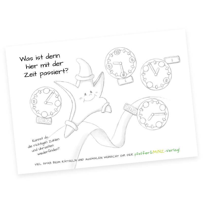 Malvorlagen-Download und Rätsel - Uhrzeiten mit Funkila auf Zeitreise